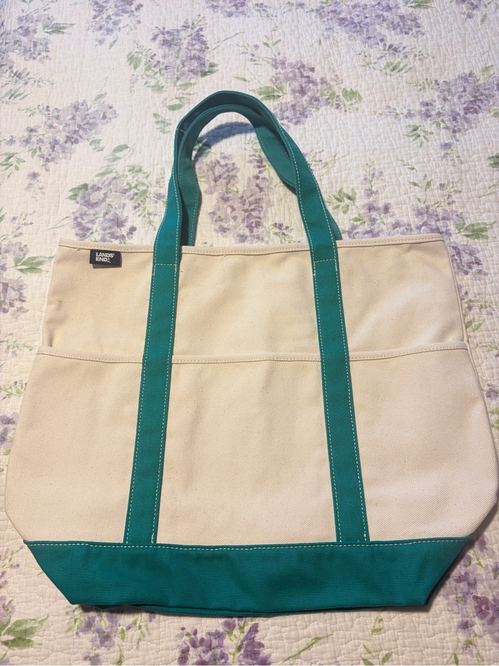 Lands' End Cream Canvas Tote with Teal Trim + A GIFT 🎁